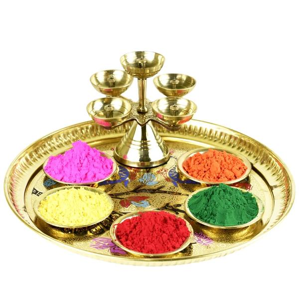 Holi & Puja Special Brass Thali Set with Panch Diya