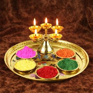 Holi & Puja Special Brass Thali Set with Panch Diya
