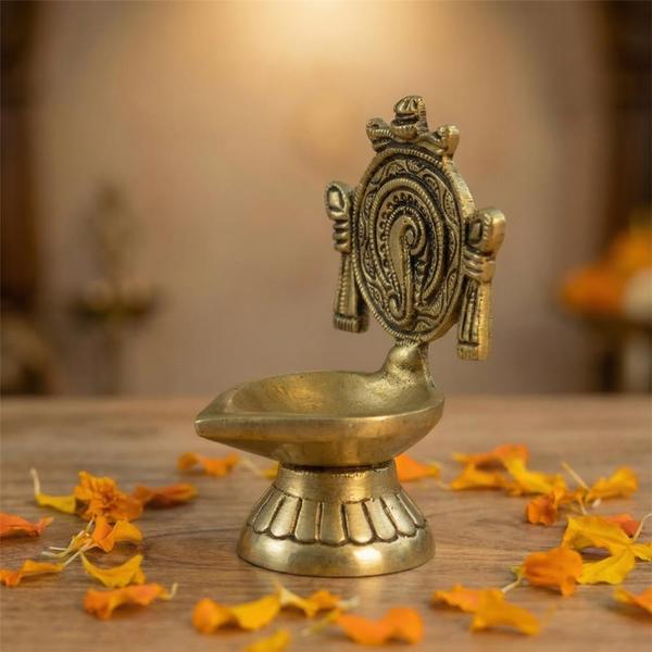Brass Shankh Chakra Deepak Diya for Pooja, Aarti, Mandir & Festival Decoration