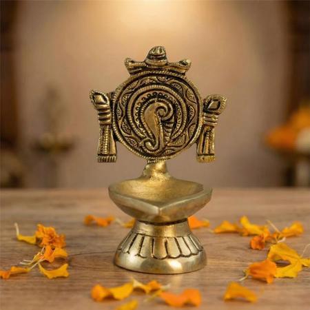 Brass Shankh Chakra Deepak Diya for Pooja, Aarti, Mandir & Festival Decoration