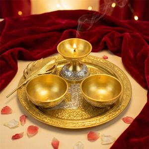 Temple Grade Pooja Thali Set with Diya & Bowls Traditional Mandir Aarti Plate Aluminium