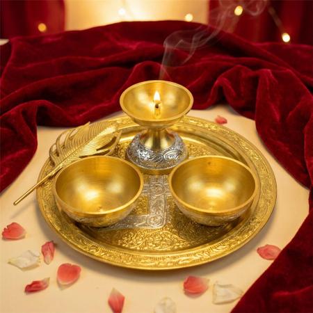 Temple Grade Pooja Thali Set with Diya & Bowls Traditional Mandir Aarti Plate Aluminium