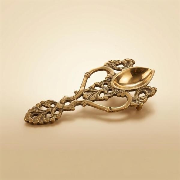 Antique Brass Handheld Diya for Aarti, Mandir Decoration and Festival Use