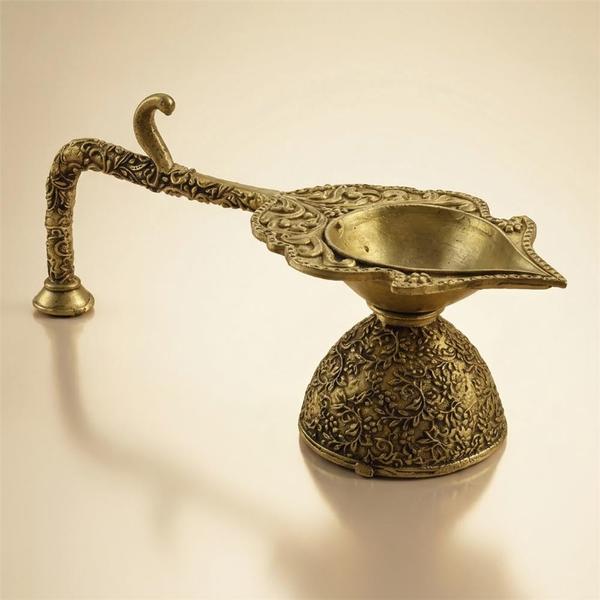 Antique Brass Decorative Deepak with Stand for Daily Worship, Aarti and Festival Decor