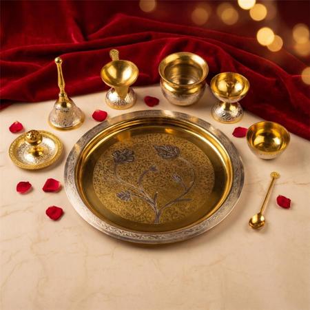 Decorative Aluminium Pooja Thali Set Silver Coated with Complete Puja Essentials for Mandir