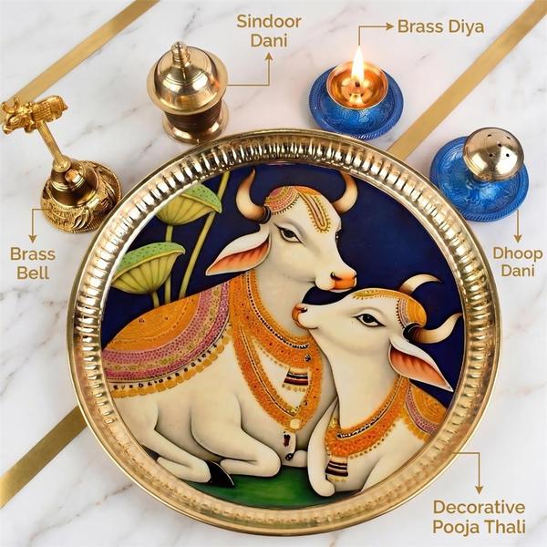 Kamdhenu Decorative Round Plate Spiritual Mandir Decor Gift Item