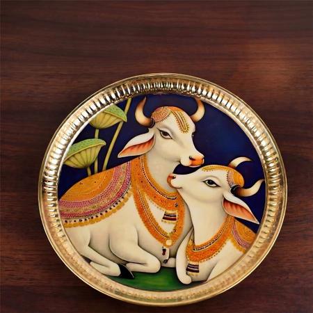 Kamdhenu Decorative Round Plate Spiritual Mandir Decor Gift Item