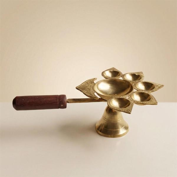 Brass Panch Aarti Diya with Wooden Handle for Mandir Pooja Festival and Temple Ritual