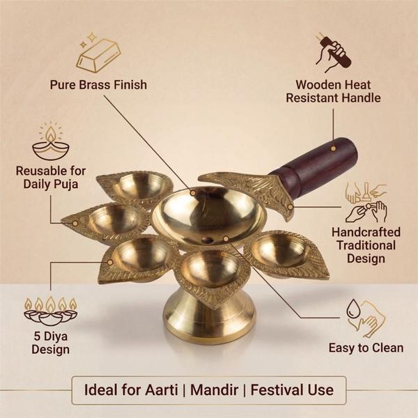 Brass Panch Aarti Diya with Wooden Handle for Mandir Pooja Festival and Temple Ritual