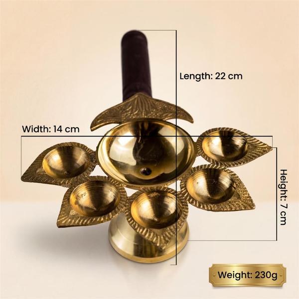 Brass Panch Aarti Diya with Wooden Handle for Mandir Pooja Festival and Temple Ritual