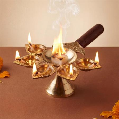 Brass Panch Aarti Diya with Wooden Handle for Mandir Pooja Festival and Temple Ritual