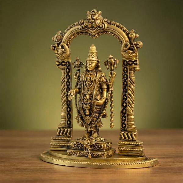 Pure Brass Lord Balaji Idol with Decorative Prabhavali Arch for Home Mandir Temple Decor