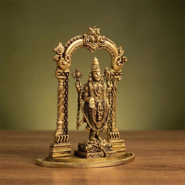 Pure Brass Lord Balaji Idol with Decorative Prabhavali Arch for Home Mandir Temple Decor