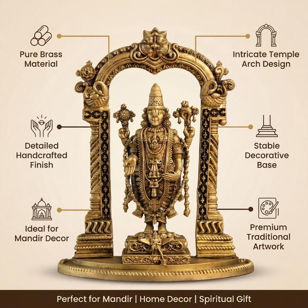Pure Brass Lord Balaji Idol with Decorative Prabhavali Arch for Home Mandir Temple Decor