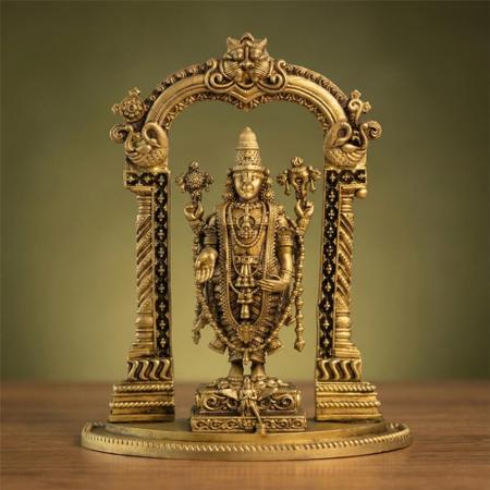 Pure Brass Lord Balaji Idol with Decorative Prabhavali Arch for Home Mandir Temple Decor