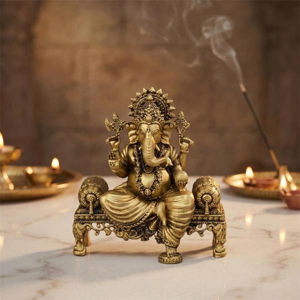 Pure Brass Laxmi Ganesh Murti Pair on Royal Seat