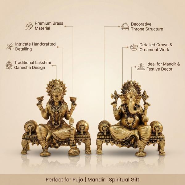 Pure Brass Laxmi Ganesh Murti Pair on Royal Seat