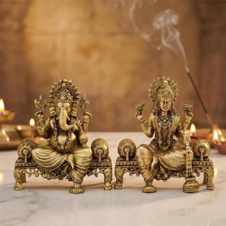 Pure Brass Laxmi Ganesh Murti Pair on Royal Seat