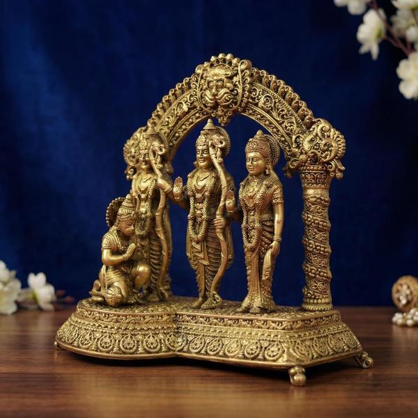 Pure Brass Ram Darbar Idol with Hanuman under Prabhavali Arch for Home Temple, Puja Decor & Spiritual Gift