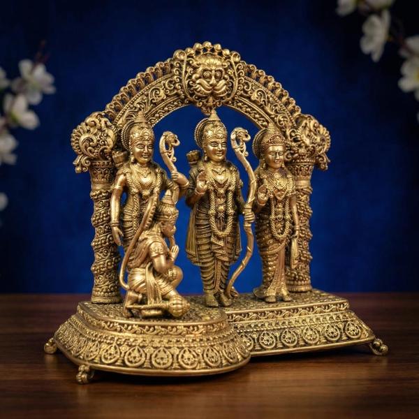 Pure Brass Ram Darbar Idol with Hanuman under Prabhavali Arch for Home Temple, Puja Decor & Spiritual Gift