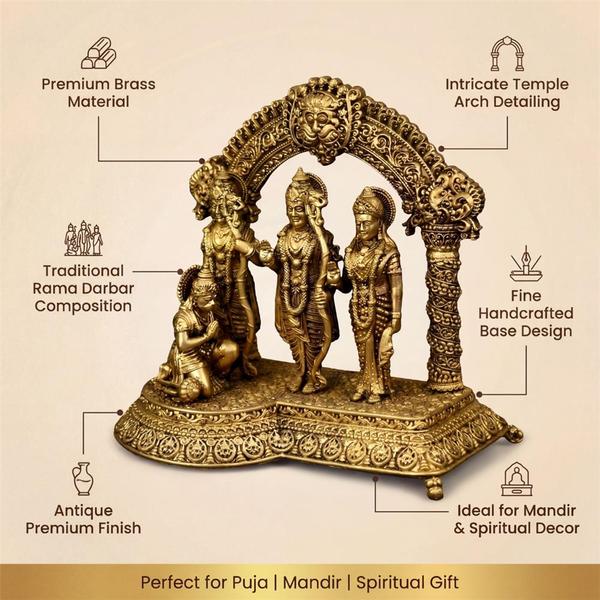 Pure Brass Ram Darbar Idol with Hanuman under Prabhavali Arch for Home Temple, Puja Decor & Spiritual Gift