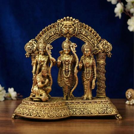 Pure Brass Ram Darbar Idol with Hanuman under Prabhavali Arch for Home Temple, Puja Decor & Spiritual Gift