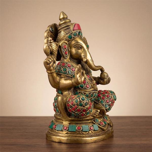 Pure Brass Double Stone Ganesha Idol for Home Temple, Puja Mandir, Office Desk & Spiritual Gift Decor