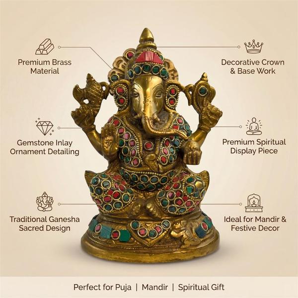 Pure Brass Double Stone Ganesha Idol for Home Temple, Puja Mandir, Office Desk & Spiritual Gift Decor