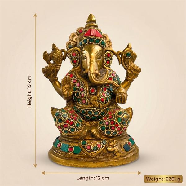 Pure Brass Double Stone Ganesha Idol for Home Temple, Puja Mandir, Office Desk & Spiritual Gift Decor