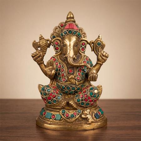 Pure Brass Double Stone Ganesha Idol for Home Temple, Puja Mandir, Office Desk & Spiritual Gift Decor