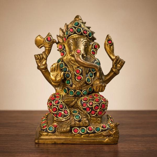 Pure Brass Lakshmi Ganesha Idol Set with Double Stone Inlay for Home Temple, Puja Mandir, Diwali Decor & Spiritual Gift