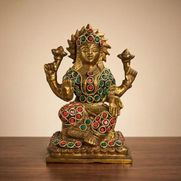 Pure Brass Lakshmi Ganesha Idol Set with Double Stone Inlay for Home Temple, Puja Mandir, Diwali Decor & Spiritual Gift