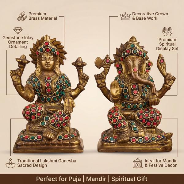 Pure Brass Lakshmi Ganesha Idol Set with Double Stone Inlay for Home Temple, Puja Mandir, Diwali Decor & Spiritual Gift