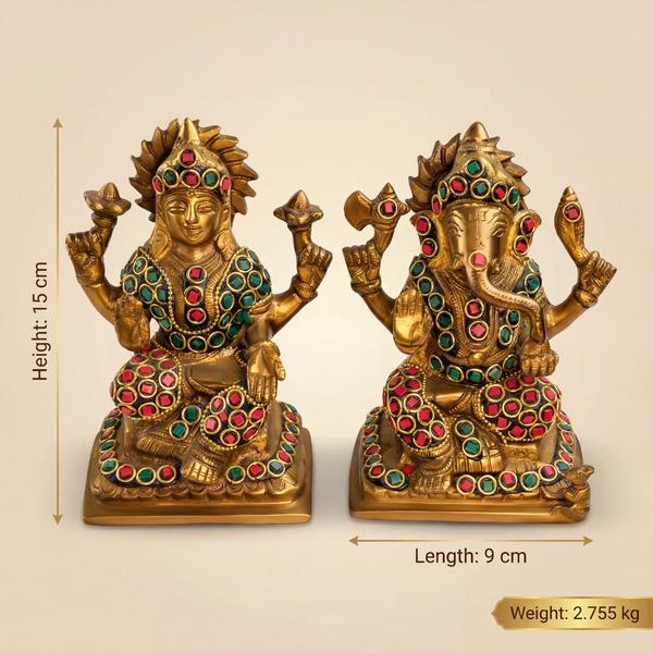 Pure Brass Lakshmi Ganesha Idol Set with Double Stone Inlay for Home Temple, Puja Mandir, Diwali Decor & Spiritual Gift