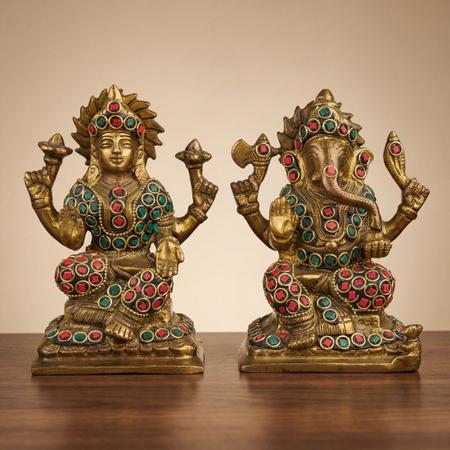 Pure Brass Lakshmi Ganesha Idol Set with Double Stone Inlay for Home Temple, Puja Mandir, Diwali Decor & Spiritual Gift