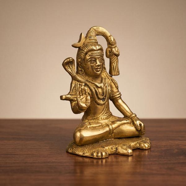 Pure Brass Sitting Shiv Ji Murti with Ganga, Meditating Mahadev Idol for Home Mandir & Decor