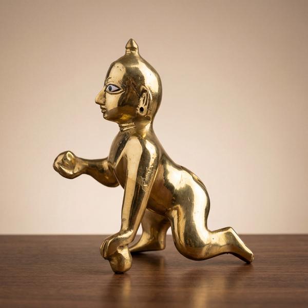 Pure Brass Laddu Gopal Idol for Home Temple - Handcrafted Crawling Bal Gopal Murti for Puja Mandir, Janmashtami & Spiritual Gifting