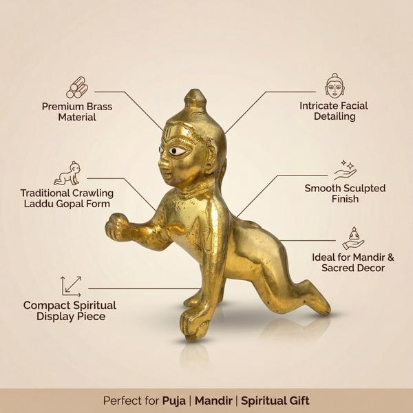 Pure Brass Laddu Gopal Idol for Home Temple - Handcrafted Crawling Bal Gopal Murti for Puja Mandir, Janmashtami & Spiritual Gifting