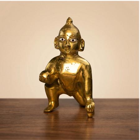 Pure Brass Laddu Gopal Idol for Home Temple - Handcrafted Crawling Bal Gopal Murti for Puja Mandir, Janmashtami & Spiritual Gifting