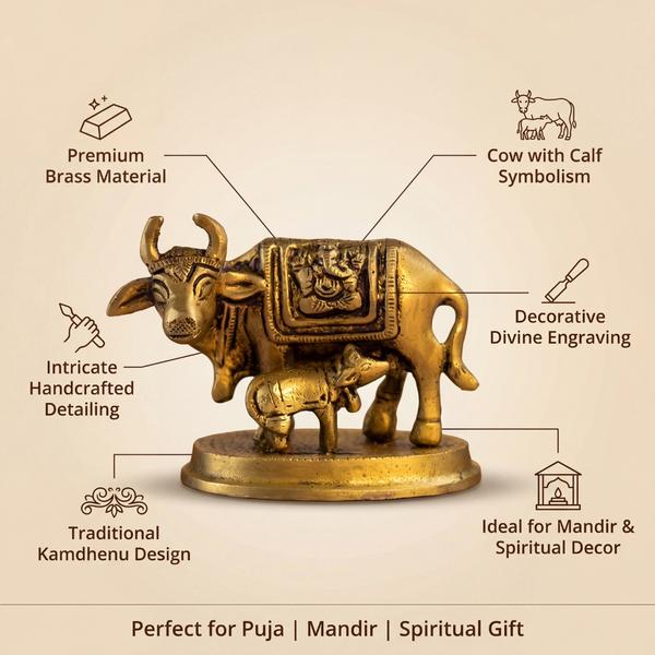Pure Brass Kamdhenu Cow with Calf Idol for Home Temple, Puja Mandir, Vastu Decor & Spiritual Gift