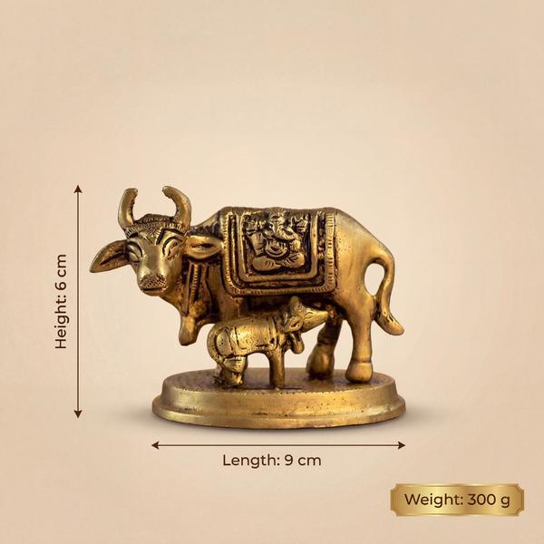 Pure Brass Kamdhenu Cow with Calf Idol for Home Temple, Puja Mandir, Vastu Decor & Spiritual Gift