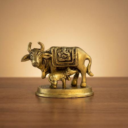 Pure Brass Kamdhenu Cow with Calf Idol for Home Temple, Puja Mandir, Vastu Decor & Spiritual Gift