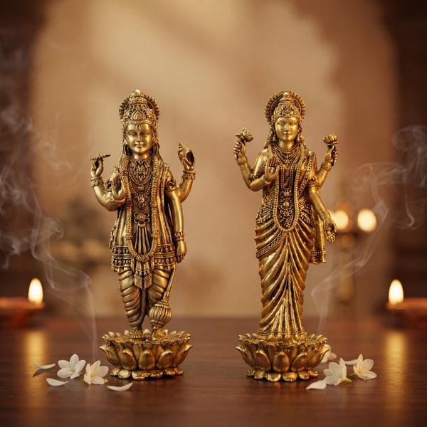 Pure Brass Lakshmi Narayan Idol Set for Home Temple, Standing Vishnu Lakshmi Murti for Puja Mandir, Vastu Decor & Spiritual Gift