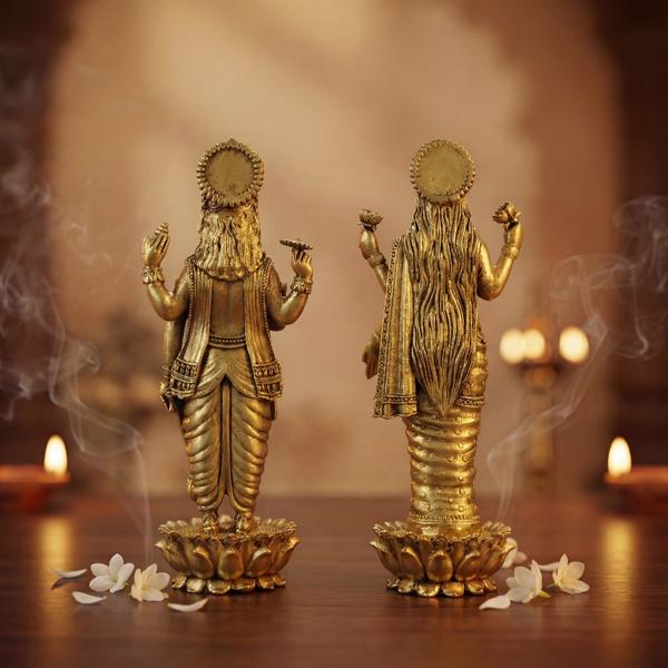 Pure Brass Lakshmi Narayan Idol Set for Home Temple, Standing Vishnu Lakshmi Murti for Puja Mandir, Vastu Decor & Spiritual Gift
