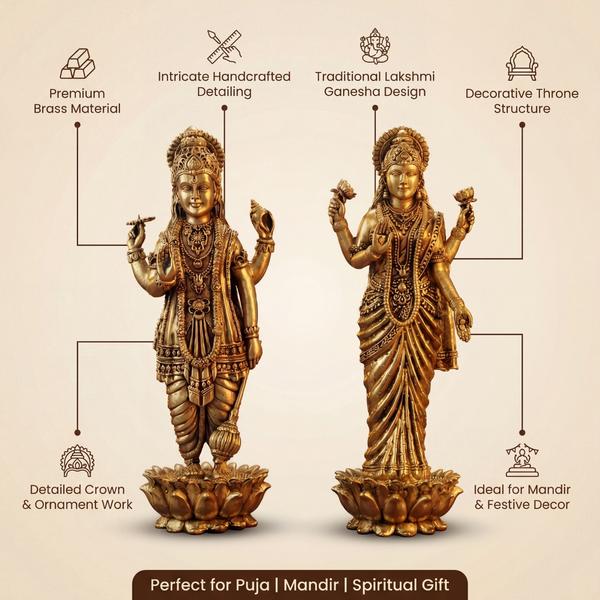 Pure Brass Lakshmi Narayan Idol Set for Home Temple, Standing Vishnu Lakshmi Murti for Puja Mandir, Vastu Decor & Spiritual Gift