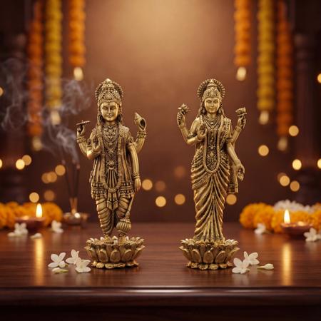Pure Brass Lakshmi Narayan Idol Set for Home Temple, Standing Vishnu Lakshmi Murti for Puja Mandir, Vastu Decor & Spiritual Gift