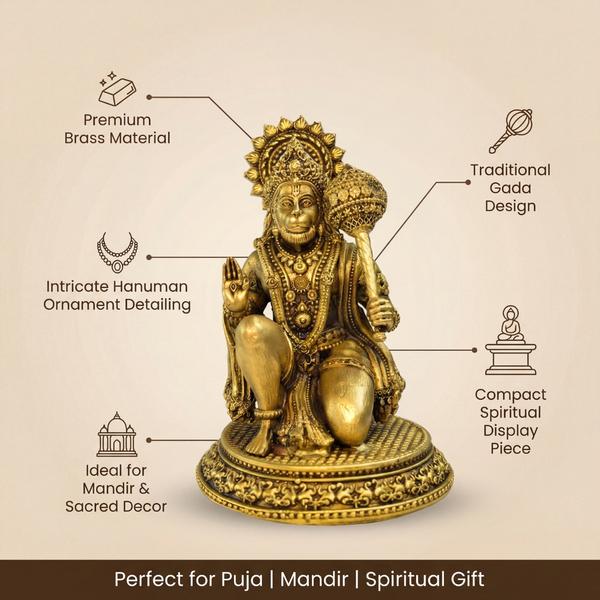 Pure Brass Hanuman Idol with Gada for Home Temple, Puja Mandir, Vastu Decor & Spiritual Gift