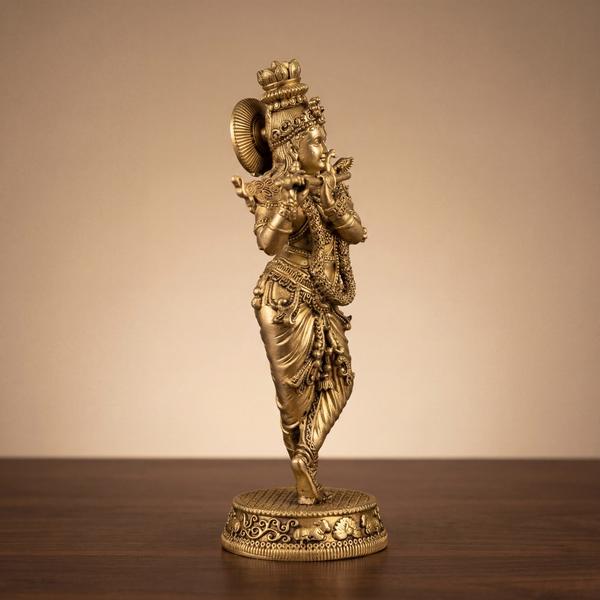 Handcrafted Brass Krishna Murti for Pooja Mandir - Antique Golden Finish Lord Krishna Statue