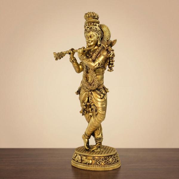 Handcrafted Brass Krishna Murti for Pooja Mandir - Antique Golden Finish Lord Krishna Statue