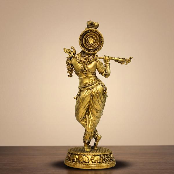Handcrafted Brass Krishna Murti for Pooja Mandir - Antique Golden Finish Lord Krishna Statue